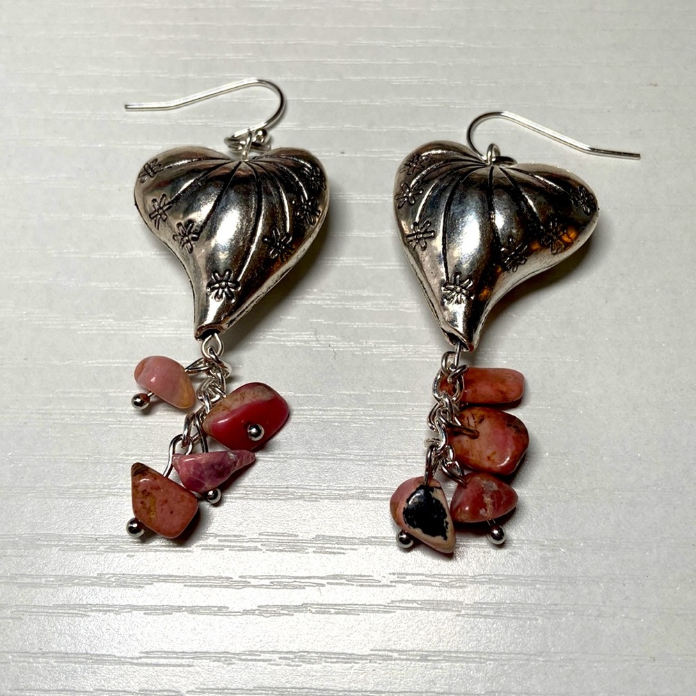 Handmade rhodonite with silver heart earrings.